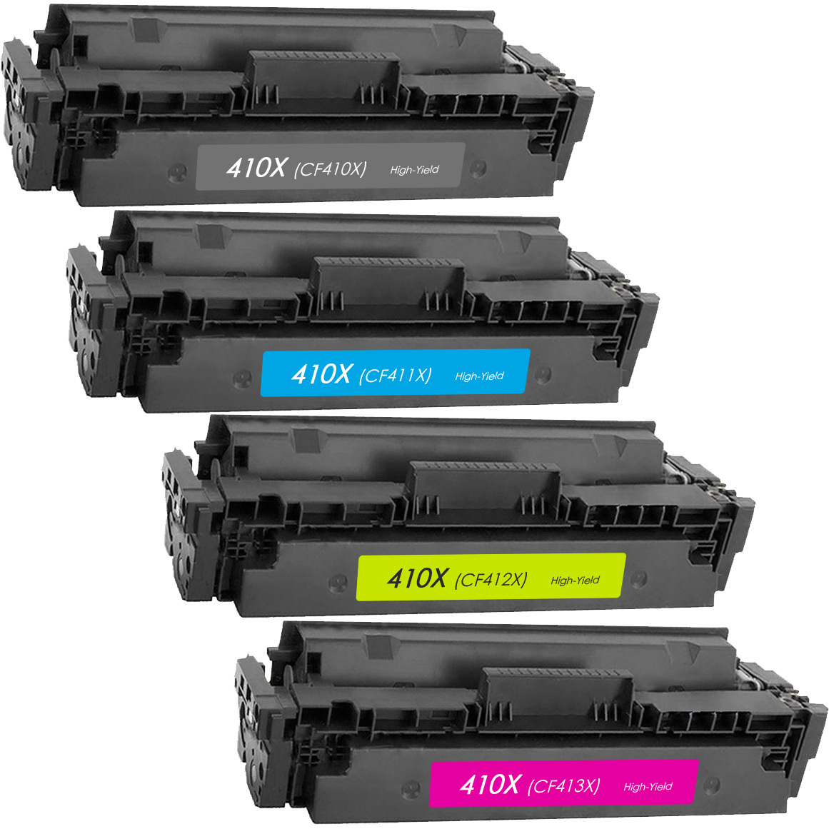Premium Quality Black, Cyan, Magenta, Yellow Toner Cartridges compatible with HP CF410X, CF411X, CF412X, CF413X (HP 410X)